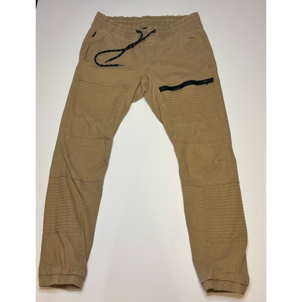 Ring of Fire Beige Twill Moto Jogger Pants streetwear Ribbed Knee Men's M Y2K